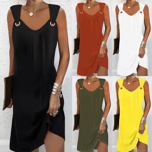 Women's Elegant Sleeveless V-Neck Midi Dress With Metal Buckle Solid Color Slim Fit Summer Commuter Dress Ladies Sexy Bodycon Casual Party Gowns Fashion