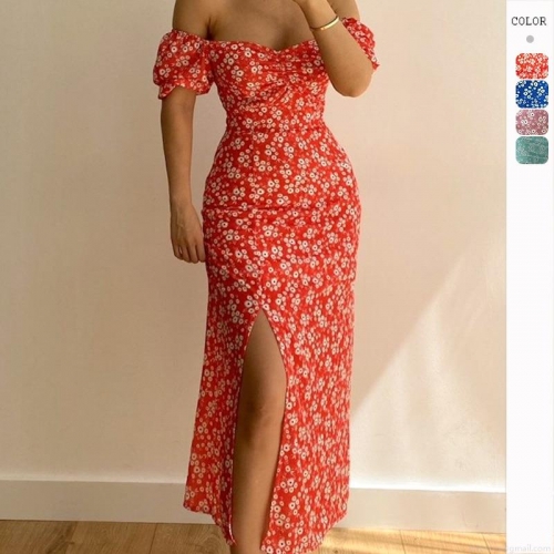 Women's Off-Shoulder Puff Sleeve Floral Bodycon Midi Dress With High Slit Elegant Summer Polyester Daisy Print Dress For Vacation Party