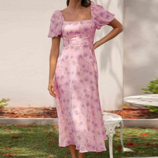 French Vintage Floral Midi Dress for Women Summer Square Neck Puff Sleeve Backless Lace Up Sundress Elegant Vacation A-Line Flowy Party Dress