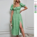 Women's French Retro Floral Puff Sleeve Midi Dress Square Neck High Slit Boho Summer Holiday Dress Elegant Slim Fit Polyester Sundress