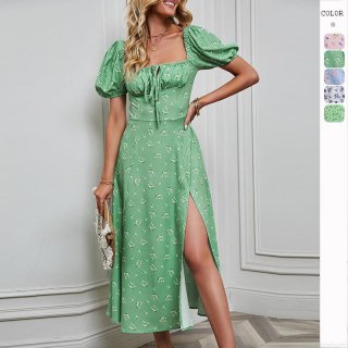 Women's French Retro Floral Puff Sleeve Midi Dress Square Neck High Slit Boho Summer Holiday Dress Elegant Slim Fit Polyester Sundress