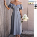 Women's Elegant V-Neck Off-Shoulder Satin Midi Dress High Slit Lotus Leaf Sleeve High Waist Solid Color Sexy Party Wedding Guest Evening Gown