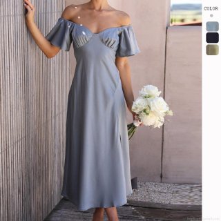 Women's Elegant V-Neck Off-Shoulder Satin Midi Dress High Slit Lotus Leaf Sleeve High Waist Solid Color Sexy Party Wedding Guest Evening Gown