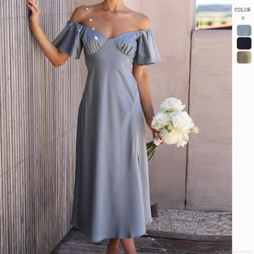 Women's Elegant V-Neck Off-Shoulder Satin Midi Dress High Slit Lotus Leaf Sleeve High Waist Solid Color Sexy Party Wedding Guest Evening Gown