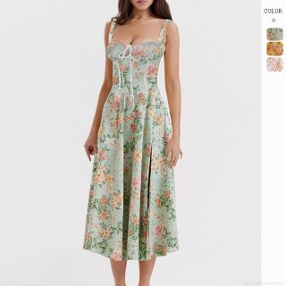 Women's French Floral Print Backless Cami Dress Summer Sexy Slim Fit A-Line Midi Dress Spaghetti Strap Square Neck High Waist Corset Style Party Clubwear
