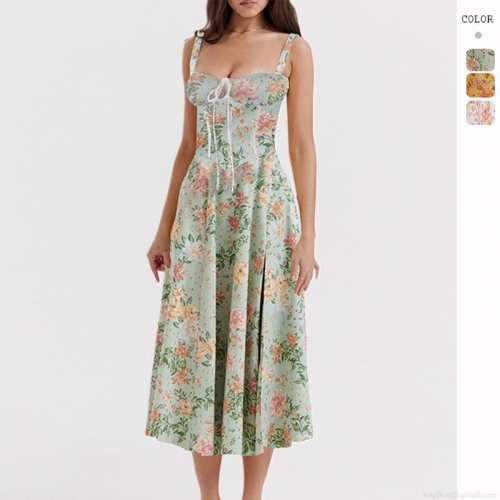 Women's French Floral Print Backless Cami Dress Summer Sexy Slim Fit A-Line Midi Dress Spaghetti Strap Square Neck High Waist Corset Style Party Clubwear