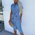Women's Short Batwing Sleeve Shirt Dress Polyester Button Down Lapel V Neck Tie Waist Pleated Midi Dress Casual Elegant Office Lady Summer Outfit