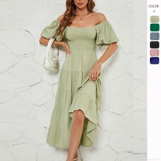 Women Smocked Tiered Maxi Dress Puff Sleeve Square Neck High Waist Solid Color Summer Vacation Beach Party Flowy Dress