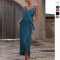 Women's Sexy Satin Cami Dress Elegant V Neck High Waist Tie Knot Front Split Evening Party Maxi Dresses French Style Bodycon Vacation Club Sundress