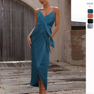 Women's Sexy Satin Cami Dress Elegant V Neck High Waist Tie Knot Front Split Evening Party Maxi Dresses French Style Bodycon Vacation Club Sundress