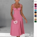 Women Spaghetti Strap Midi Dress Sexy Ruched Bust Corset Bodycon Party Dress Elegant High Slit Sleeveless Polyester Cocktail Evening Dress For Women Summer Night Out