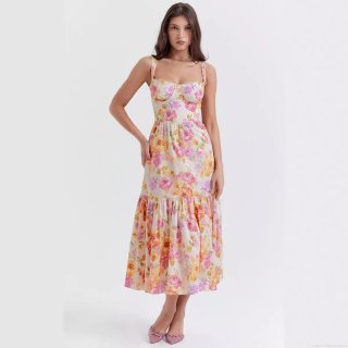 Women's Floral Print Spaghetti Strap Tiered Midi Dress Sweet & Spicy Style A-Line Summer Vacation Dress With Pockets