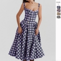 Women's French Vintage Plaid Sleeveless Midi Dress Polyester Backless High Waist Large Swing A-Line Sundress for Summer Vacation Party
