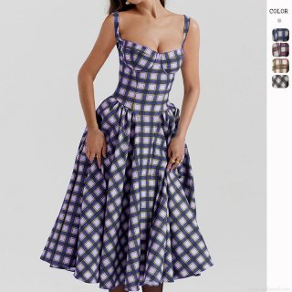 Women's French Vintage Plaid Sleeveless Midi Dress Polyester Backless High Waist Large Swing A-Line Sundress for Summer Vacation Party