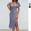 Women's Satin V-Neck Dress Sexy High Slit Midi A-Line Flutter Sleeve Summer Casual Solid Color Backless Party Gown for Ladies Elegant Evening Wear