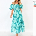 Women Off Shoulder Chiffon Puff Sleeve Floral Printed Tiered Maxi Dress Smocked Waist Boho Vacation Summer Sundress A-Line Beach Long Dress