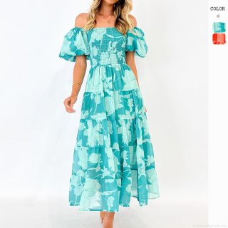 Women Off Shoulder Chiffon Puff Sleeve Floral Printed Tiered Maxi Dress Smocked Waist Boho Vacation Summer Sundress A-Line Beach Long Dress