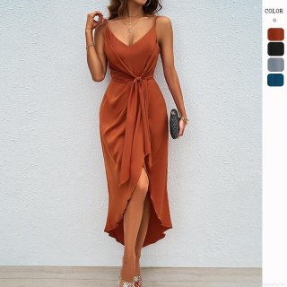 Women's Sexy Satin V Neck Cami Dress Elegant Backless Tie Waist Asymmetrical High Low Hem Solid Color Summer Party Evening Maxi Slip Dress