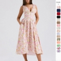 Women's Elegant Floral Print V-Neck Midi Dress Sleeveless High Waist Slim Fit A-Line Sling Summer Dress With Pockets For Vacation Party