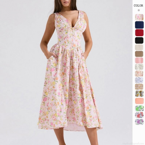 Women's Elegant Floral Print V-Neck Midi Dress Sleeveless High Waist Slim Fit A-Line Sling Summer Dress With Pockets For Vacation Party
