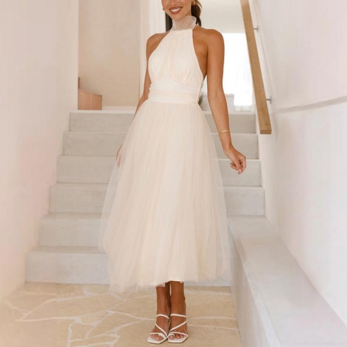 Women's Elegant Halter Backless Mesh Midi Dress Sexy A-Line Sleeveless White Celebrity Style Party Dress For Wedding Evening Formal Occasion