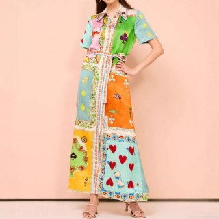 Women's Vintage Poker Print Shirt Dress Short Sleeve Lapel Button Down Midi Dress With Belt Elegant Multicolor Patchwork High Waist Sundress For Vacation Party Streetwear