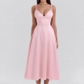 Elegant Pink Satin Suspender Midi Dress Sexy V-Neck A-Line Evening Gown With Bow Straps And Pockets Summer High Waist Slim Fit Silk Texture Party Dress For Women