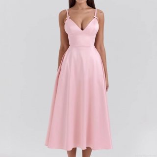 Elegant Pink Satin Suspender Midi Dress Sexy V-Neck A-Line Evening Gown With Bow Straps And Pockets Summer High Waist Slim Fit Silk Texture Party Dress For Women