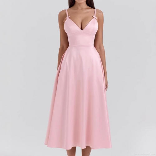 Elegant Pink Satin Suspender Midi Dress Sexy V-Neck A-Line Evening Gown With Bow Straps And Pockets Summer High Waist Slim Fit Silk Texture Party Dress For Women