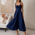 Women Sexy Backless Denim Texture Midi Dress Summer Sleeveless Spaghetti Strap High Waist A-Line Sundress Solid Deep Blue Fashion Streetwear
