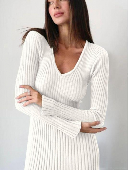 Women's Elegant V-Neck Ribbed Knitted Midi Dress Flare Long Sleeve Slim Fit Solid Color Polyester Knit Sweater Dress For Office Party Daily