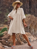 Women's Loose Solid Color Polo Neck Shirt Dress Casual Button Up Vacation Bohemian Midi Dress Viscose Blend Short Sleeve Summer Clothing