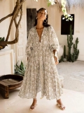 Women's Bohemian Floral Print Viscose Dress V-Neck Lantern Sleeve Loose Casual Holiday Beach Midi Dress
