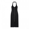 Women Sexy Black Halterneck Slim Fit Midi Dress Backless Zip Front Sleeveless Stretch Bodycon Midi Long Dress For Party Night Clubwear Evening