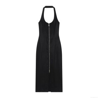 Women Sexy Black Halterneck Slim Fit Midi Dress Backless Zip Front Sleeveless Stretch Bodycon Midi Long Dress For Party Night Clubwear Evening