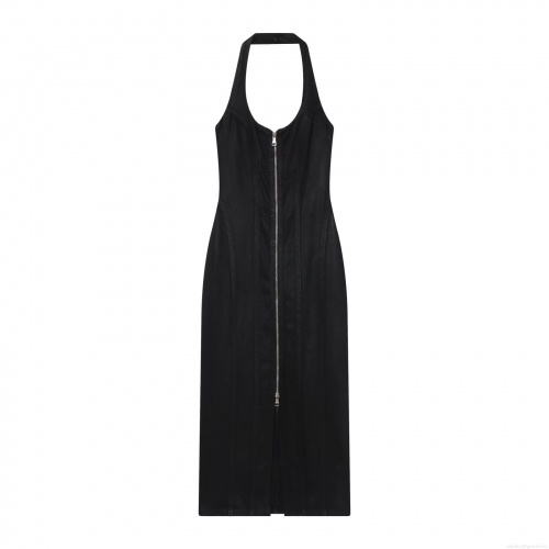 Women Sexy Black Halterneck Slim Fit Midi Dress Backless Zip Front Sleeveless Stretch Bodycon Midi Long Dress For Party Night Clubwear Evening