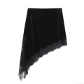 Women's Sexy Asymmetric Velvet Skirt With Lace Patchwork Mid-Length High Waist Elegant Black Skirt For Party Dating Winter Fashion