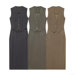 Women Fashion V-Neck Sleeveless Midi Dress Button Decorated A-Line Knitted Texture Slim Fit Vest Dress For Casual Daily Office Ladies Solid Color Style