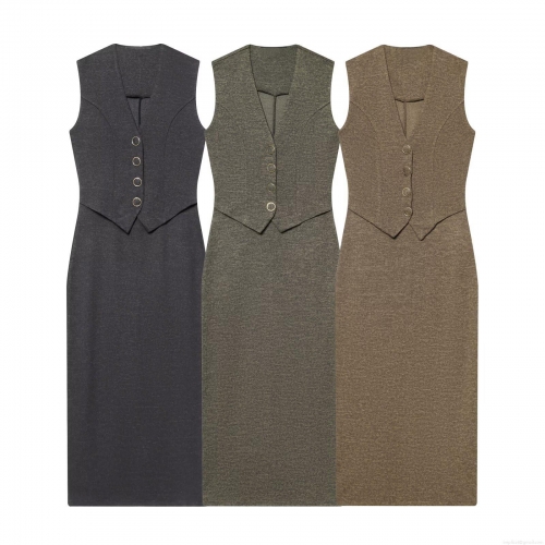 Women Fashion V-Neck Sleeveless Midi Dress Button Decorated A-Line Knitted Texture Slim Fit Vest Dress For Casual Daily Office Ladies Solid Color Style