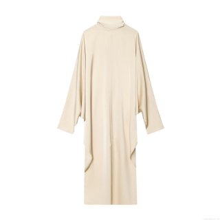 Elegant Champagne Satin Midi Dress High Neck Tie Back Long Sleeve Batwing Sleeve Loose A-Line Dress For Women Party Casual Evening Formal Wear