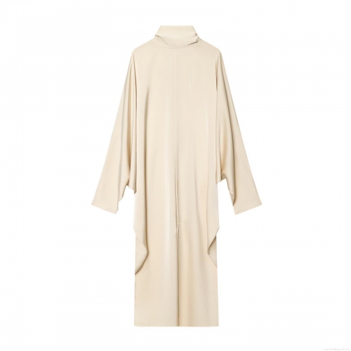 Elegant Champagne Satin Midi Dress High Neck Tie Back Long Sleeve Batwing Sleeve Loose A-Line Dress For Women Party Casual Evening Formal Wear