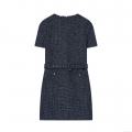 Women's Elegant Short Sleeve Tweed Dress With Belt Round Neck Slim Fit A-Line Midi Dress Office Lady Work Party Dress