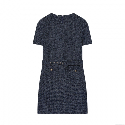 Women's Elegant Short Sleeve Tweed Dress With Belt Round Neck Slim Fit A-Line Midi Dress Office Lady Work Party Dress