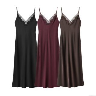 Women's Sexy Lace Patchwork V-Neck Cami Dress Satin Backless Sleeveless Midi Slip Dress For Party Dating Nightwear Elegant Clubwear Lady