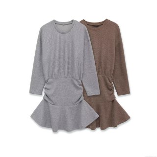 Women's Long Sleeve Knit Dress Sweet Elegant Ribbed Polyester Spandex Slim Fit Waist Gathering Ruffle Hem Solid Color Casual Midi Dress
