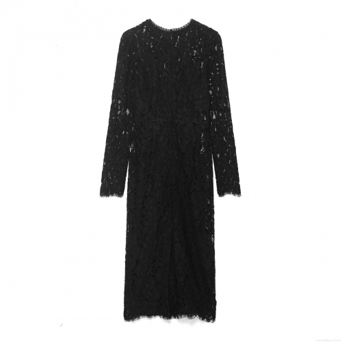 Women Elegant Black Lace Long Sleeve Midi Dress Floral Hollow Out Slim Fit Bodycon Party Cocktail Evening Dress For Winter