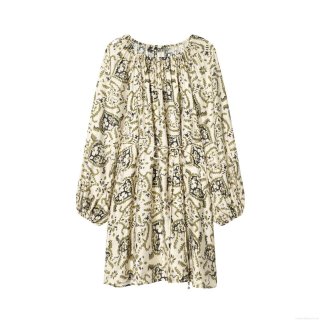 Women's Retro Bohemian Paisley Print Polyester Midi Dress Long Lantern Sleeve Tie Waist Round Neck Casual Loose Flowy Dress