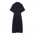 Women's Navy Blue Short Sleeve Shirt Dress With Gold Buttons And Belt Elegant Casual A-Line Midi Dress For Office Daily Wear