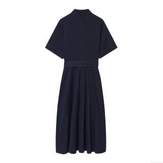 Women's Navy Blue Short Sleeve Shirt Dress With Gold Buttons And Belt Elegant Casual A-Line Midi Dress For Office Daily Wear