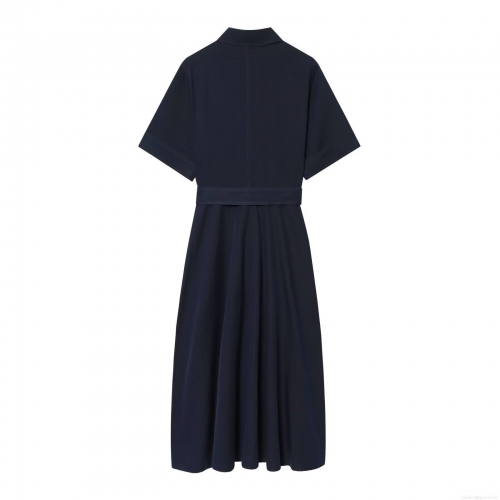 Women's Navy Blue Short Sleeve Shirt Dress With Gold Buttons And Belt Elegant Casual A-Line Midi Dress For Office Daily Wear